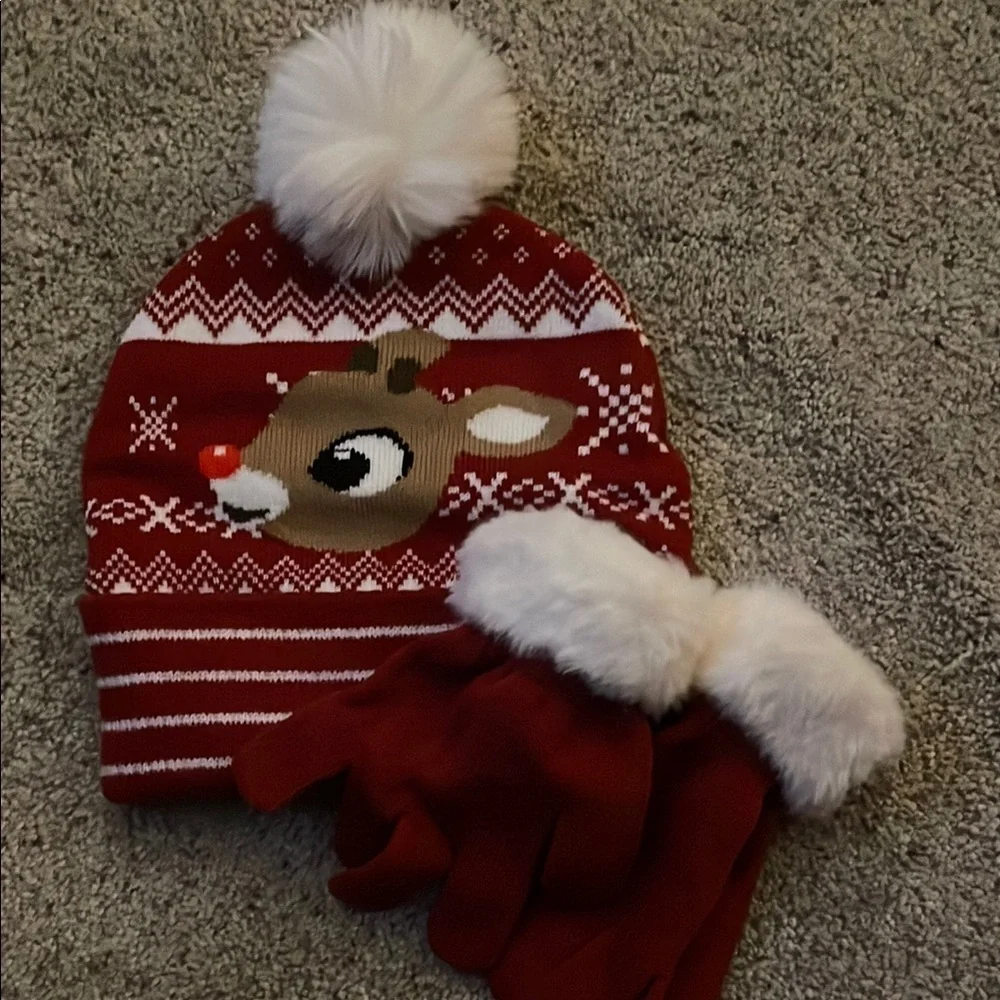 Festive Red Reindeer Hat and Gloves Set